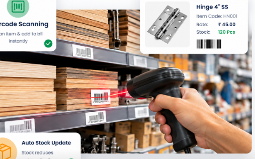 Barcode scanner reading a label on plywood in a hardware shop